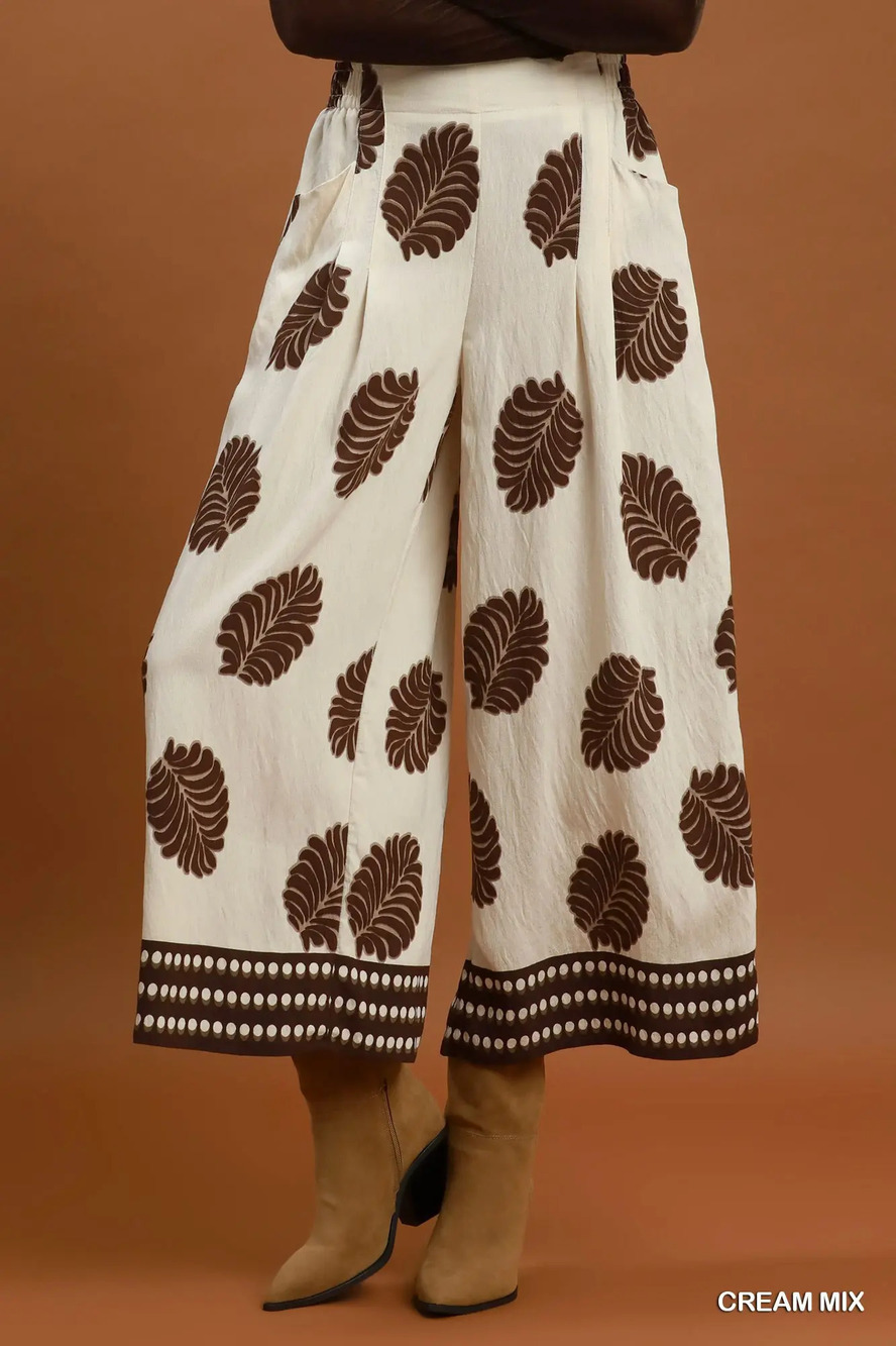 D1181 Cream Mix | Umgee Mix Leaf Print Wide Leg Pants | Sizes S-L